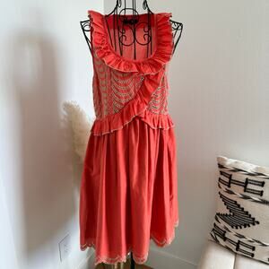 Anthropologie RYU Boho Embroidered Scalloped Hem Ruffle Cotton Mini Dress Medium